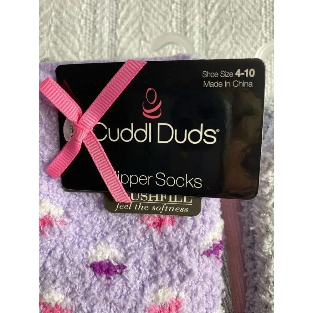 Cuddl Duds Girls Shoe Size 4-10 Lounge Crew Slipper Socks Total 4 Pr